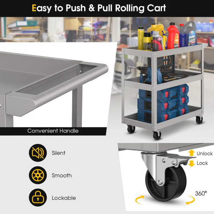 3-Tier Metal Utility Cart Trolley Tool with Flat Handle and 2