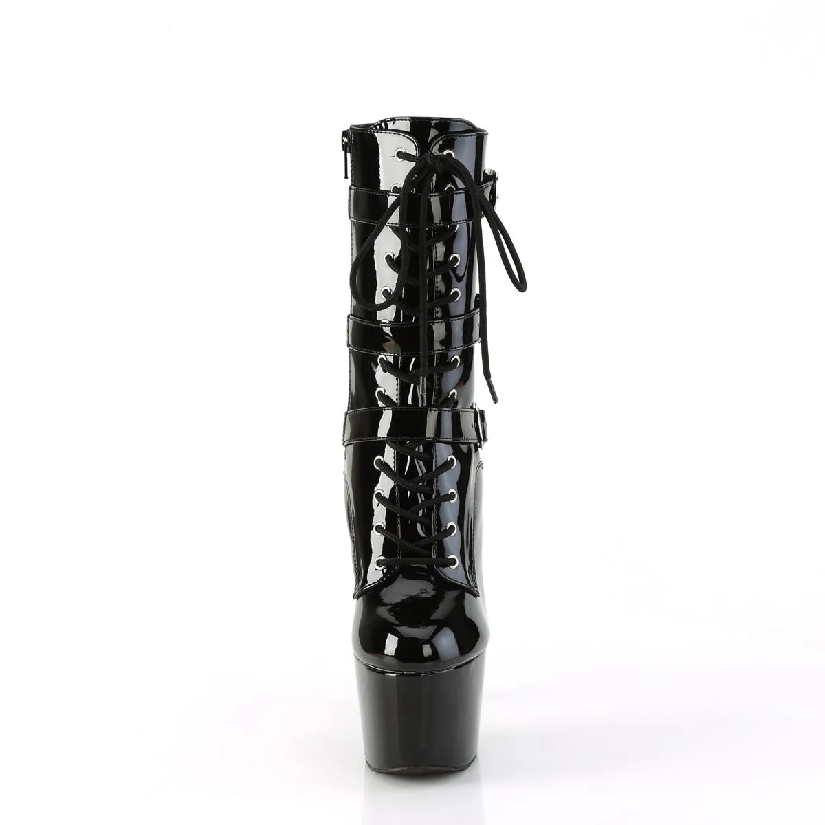 Adore 1043 Black Patent 7" Heel Platform Triple Strap Mid Calf Boots -Direct