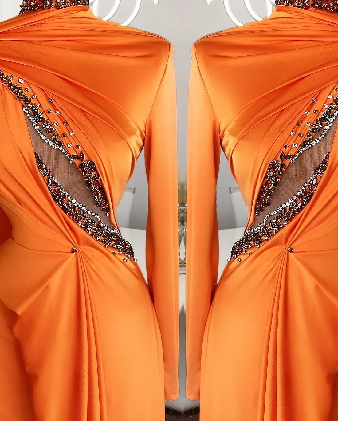 Joyce Long Sleeves High Neck Orange Evening Dress
