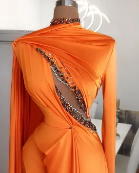 Joyce Long Sleeves High Neck Orange Evening Dress