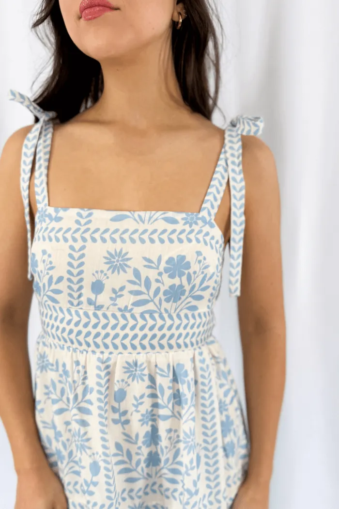 Printed Tie Strap Midi Dress in Ivory & Blue