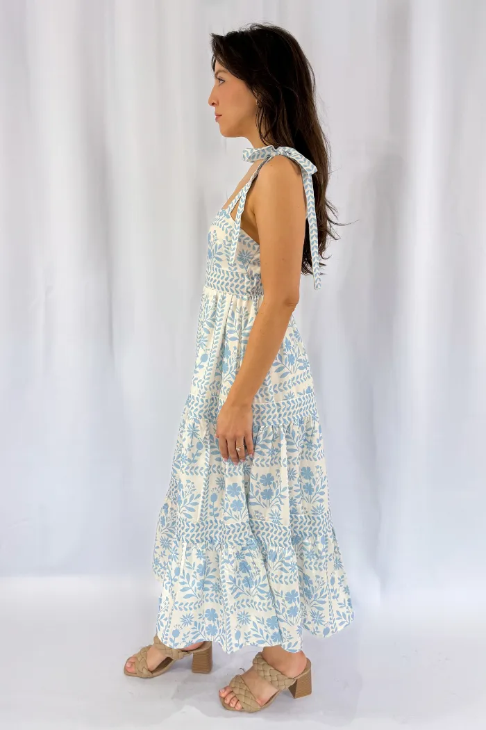 Printed Tie Strap Midi Dress in Ivory & Blue