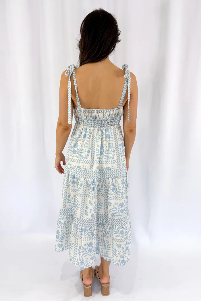 Printed Tie Strap Midi Dress in Ivory & Blue