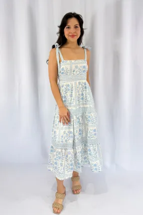 Printed Tie Strap Midi Dress in Ivory & Blue