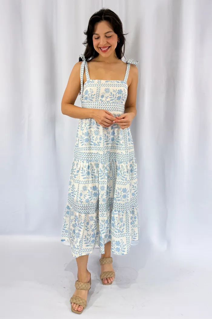 Printed Tie Strap Midi Dress in Ivory & Blue